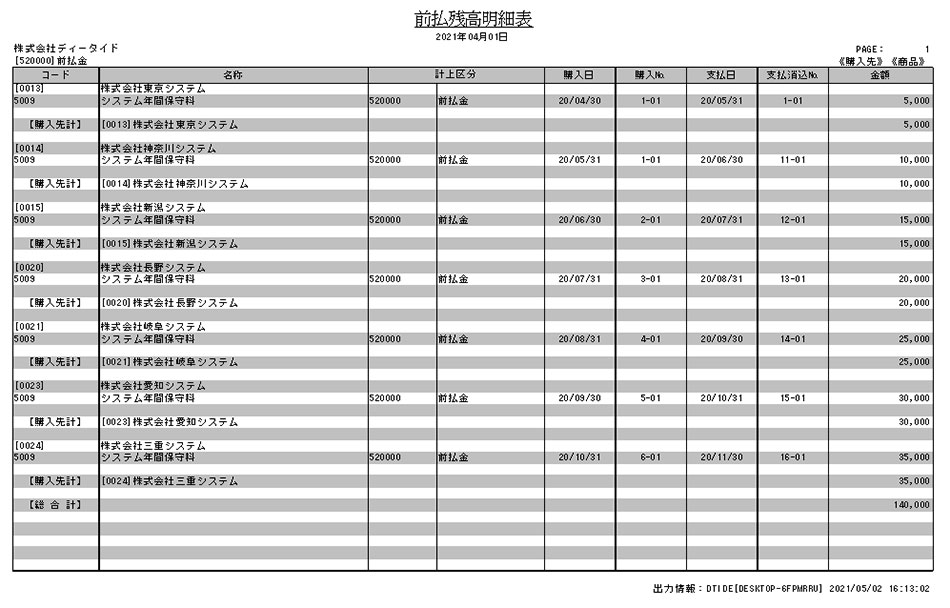 前払残高明細表