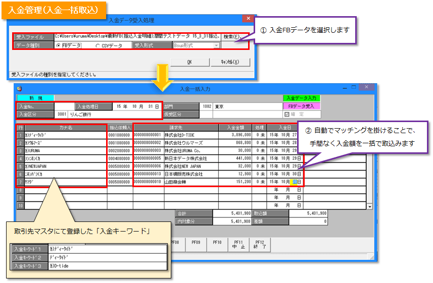 入金一括入力の画面イメージ