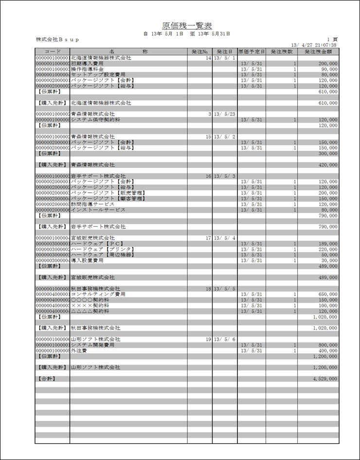 発注残一覧表（受注残明細表：原価）