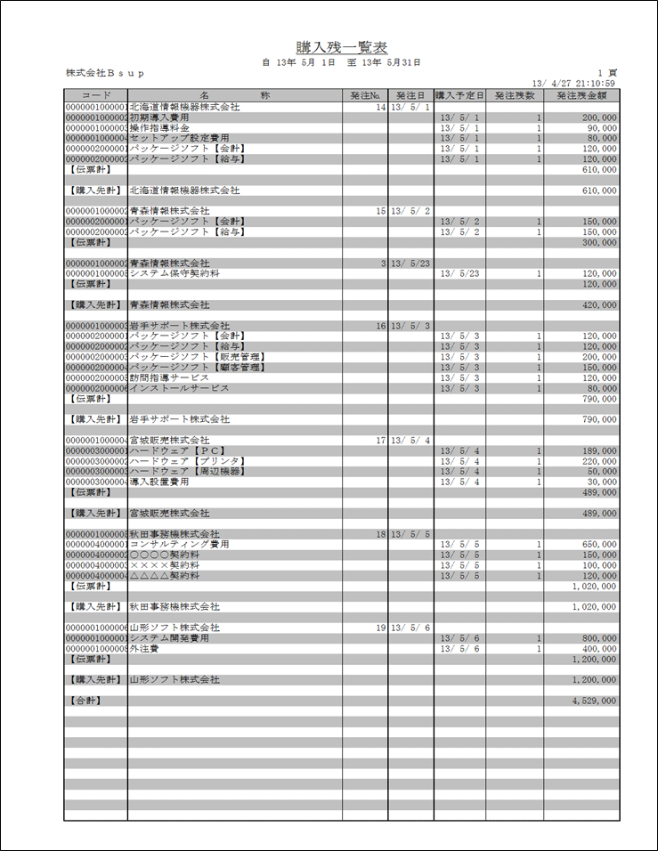 発注残一覧表（受注残明細表：購入）