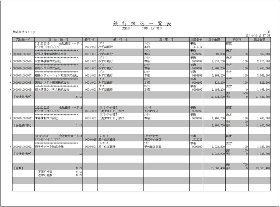 銀行振込一覧表