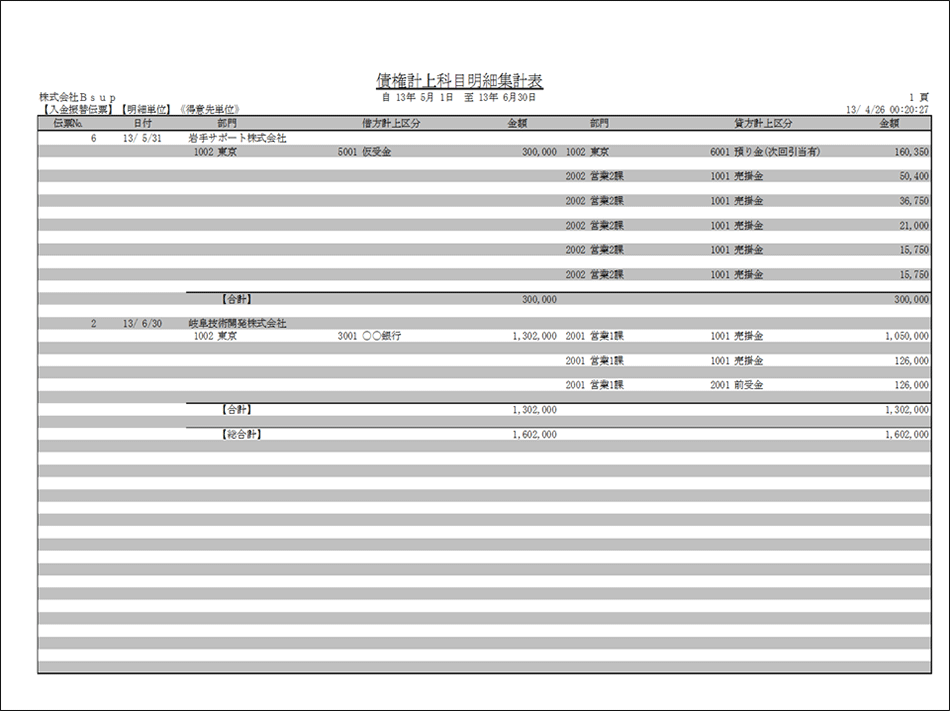 債権計上科目明細集計表（対象：入金振替）