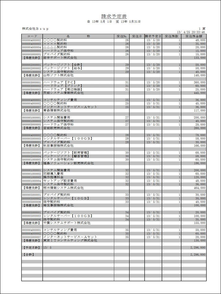 受注残一覧表（計上予定表：請求）