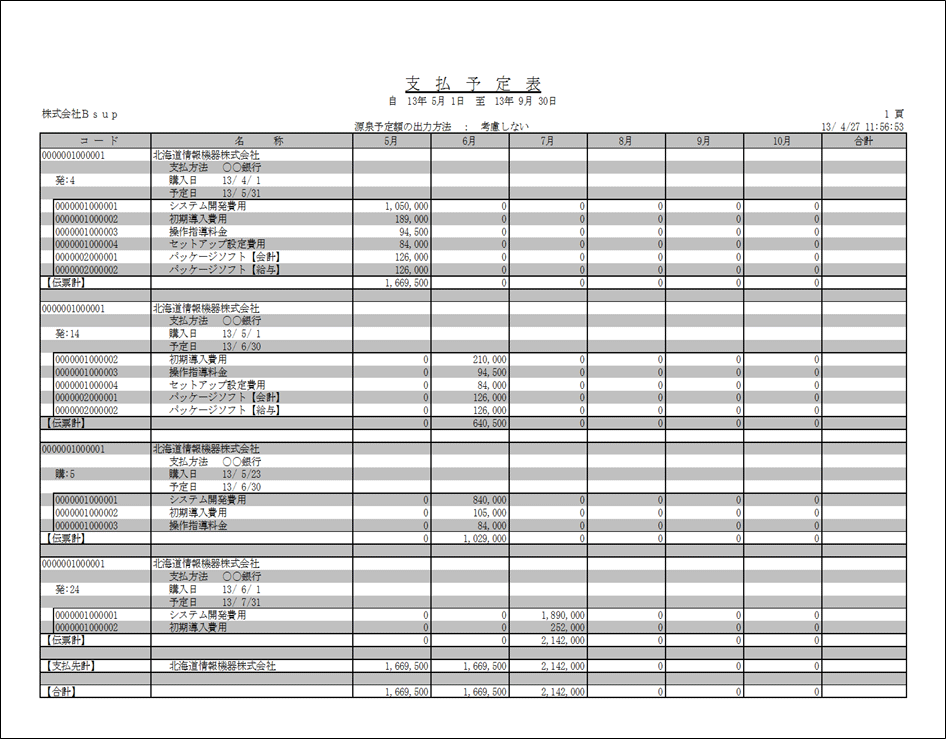 支払予定表（明細単位に集計）