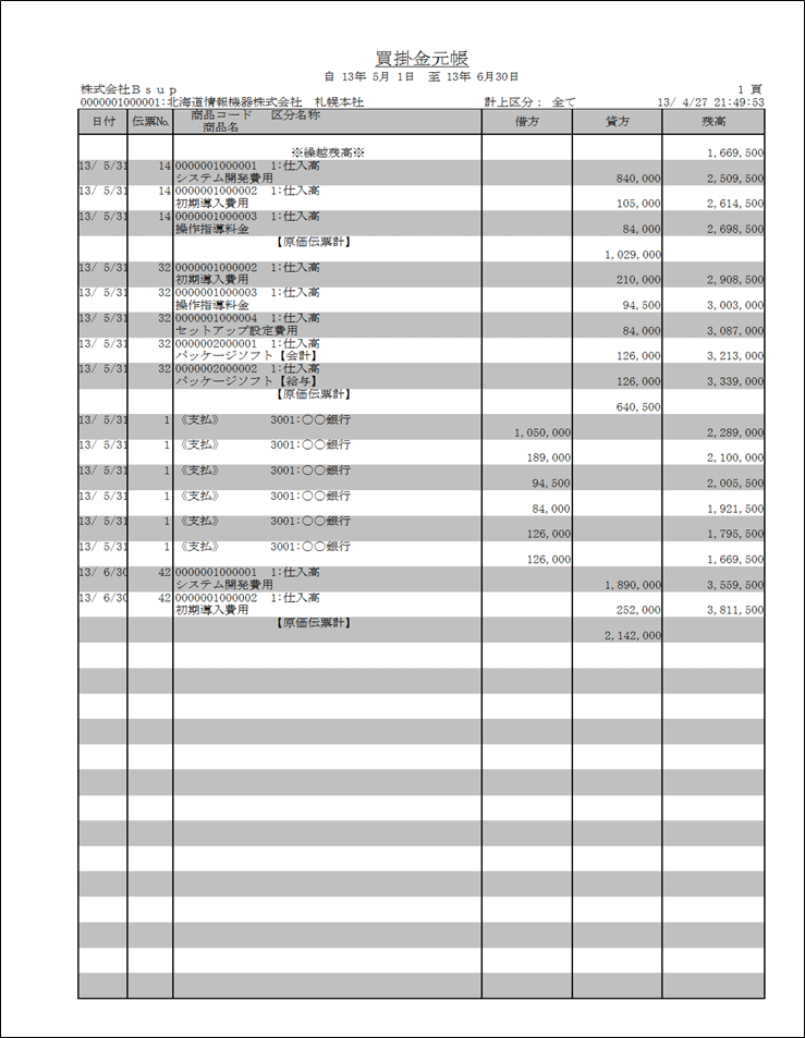 債務関連取引先元帳（集計対象：債務）