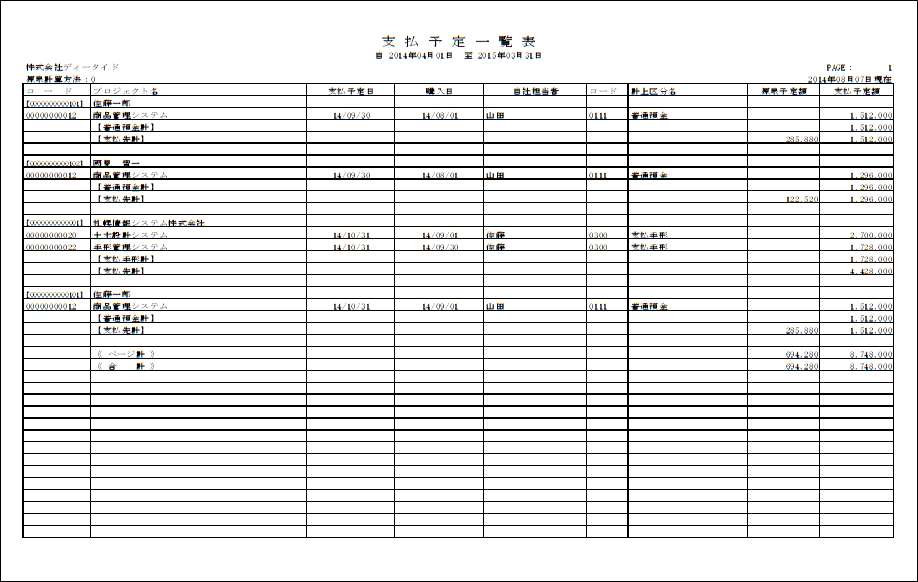 支払予定一覧表（購入先別）