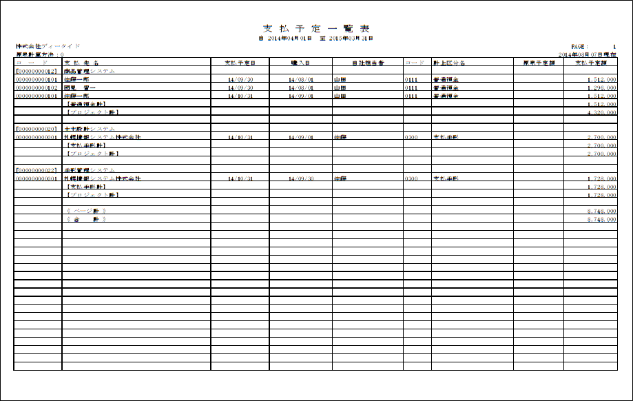 支払予定一覧表（プロジェクト別）