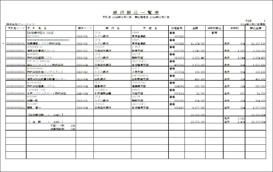 銀行振込一覧表