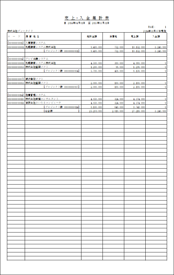 売上・入金集計表（プロジェクト別）